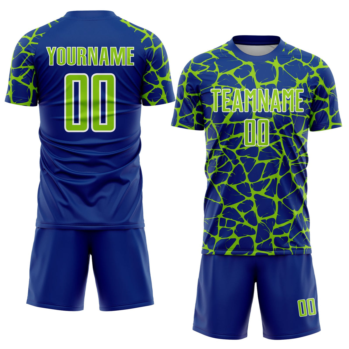 Custom Royal Neon Green-White Abstract Network Splash Sublimation Soccer Uniform Jersey Limited