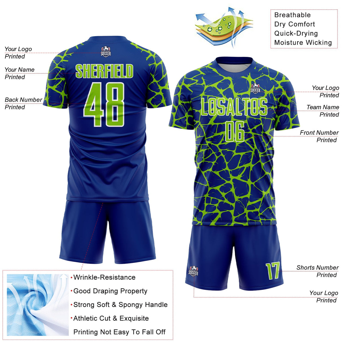 Custom Royal Neon Green-White Abstract Network Splash Sublimation Soccer Uniform Jersey Limited