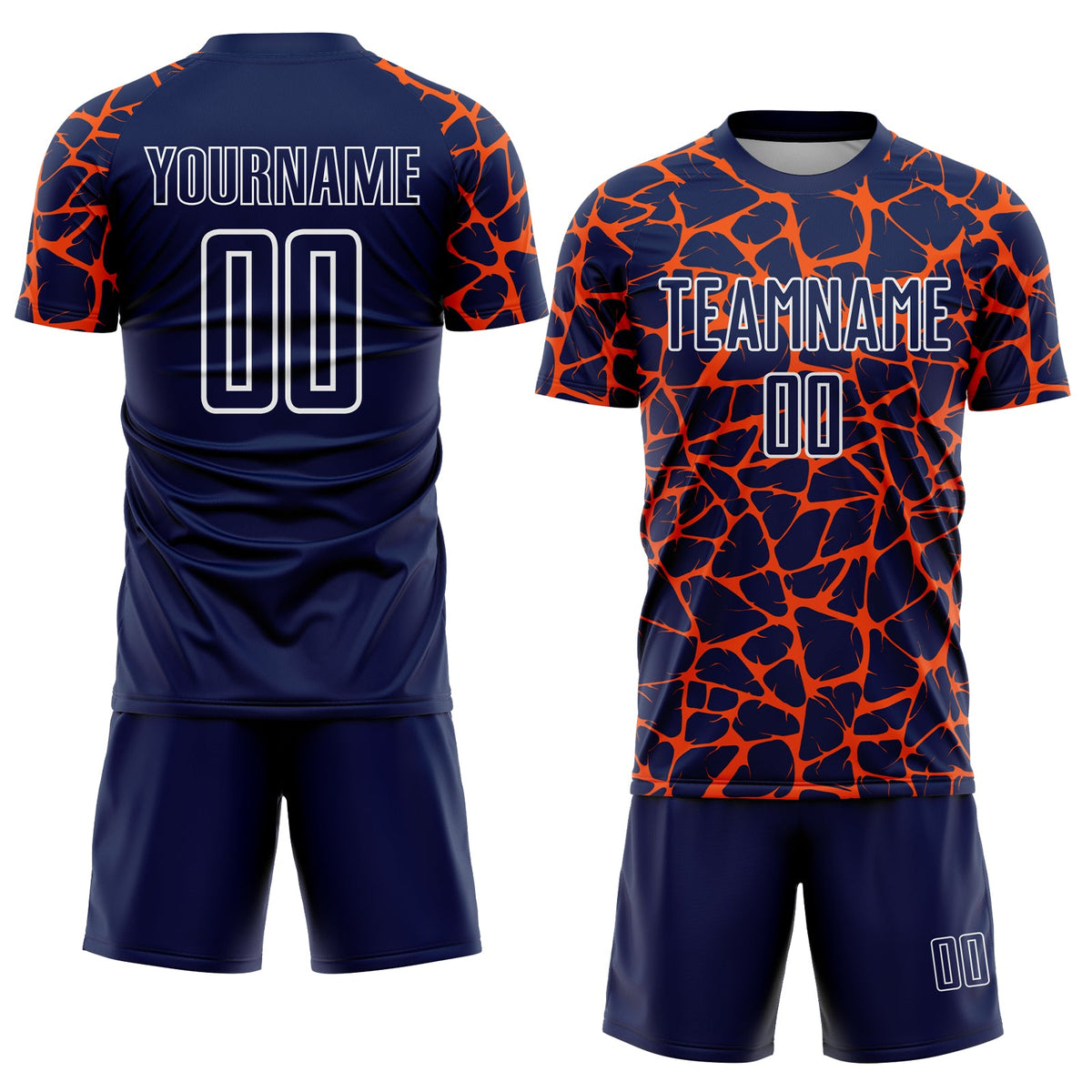 Custom Navy Orange-White Abstract Network Splash Sublimation Soccer Uniform Jersey Limited