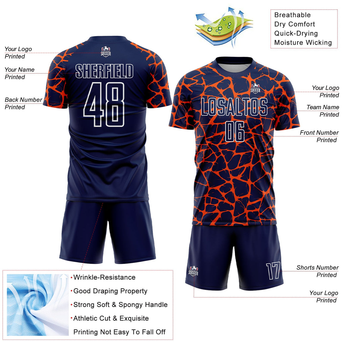 Custom Navy Orange-White Abstract Network Splash Sublimation Soccer Uniform Jersey Limited