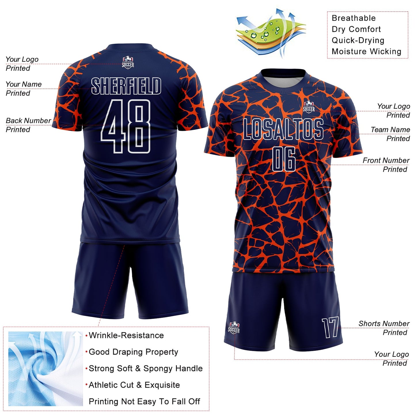 Custom Navy Orange-White Abstract Network Splash Sublimation Soccer Uniform Jersey Limited