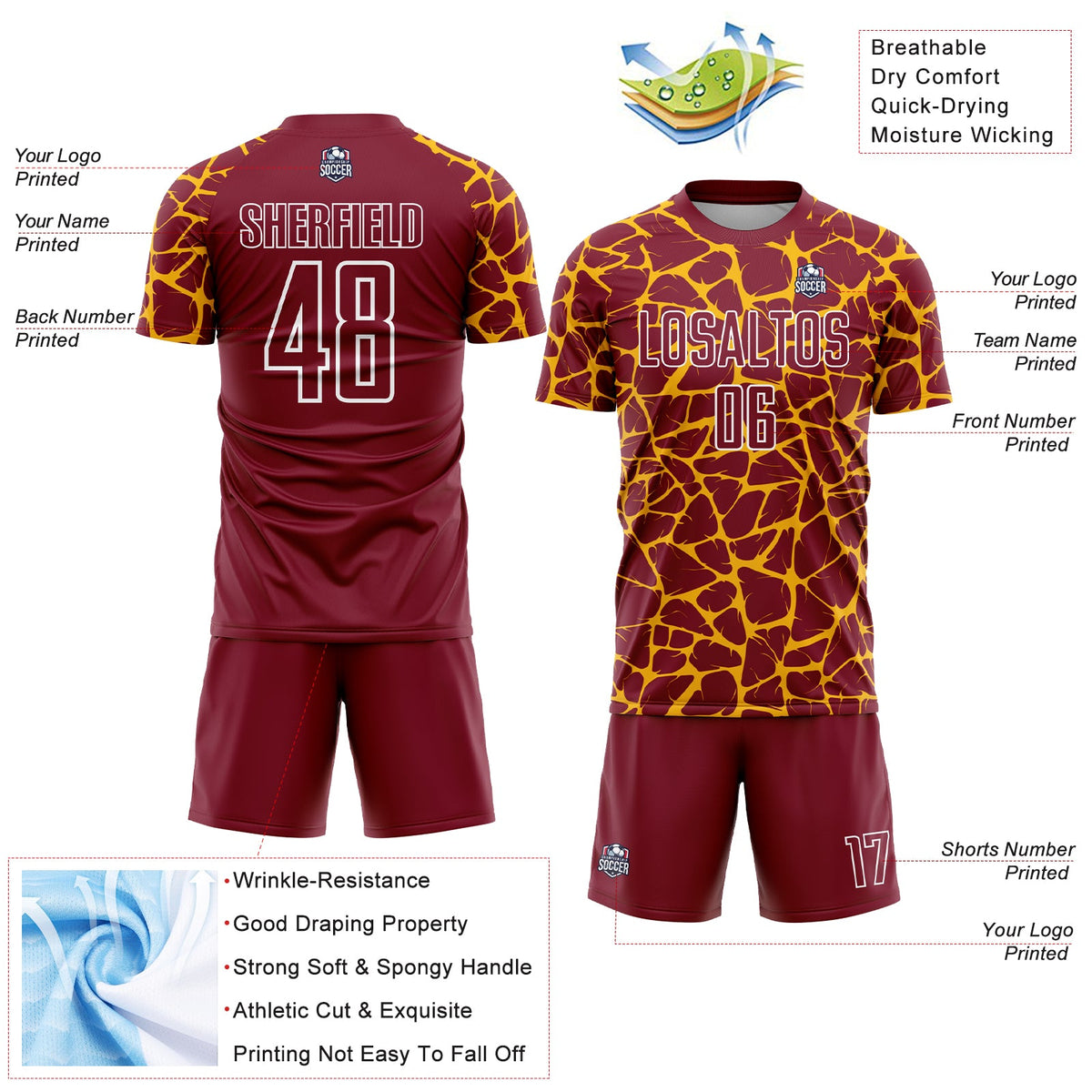 Custom Crimson Gold-White Abstract Network Splash Sublimation Soccer Uniform Jersey Limited