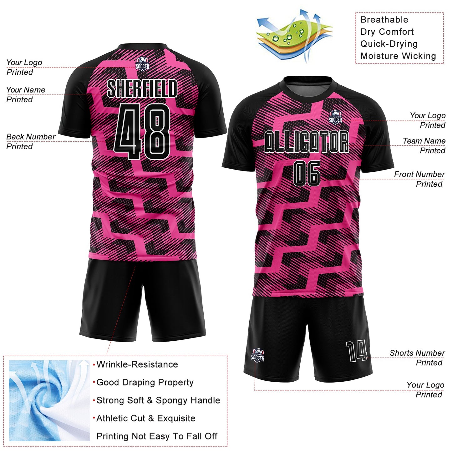 Custom Black Pink-White Line Sublimation Soccer Uniform Jersey Limited