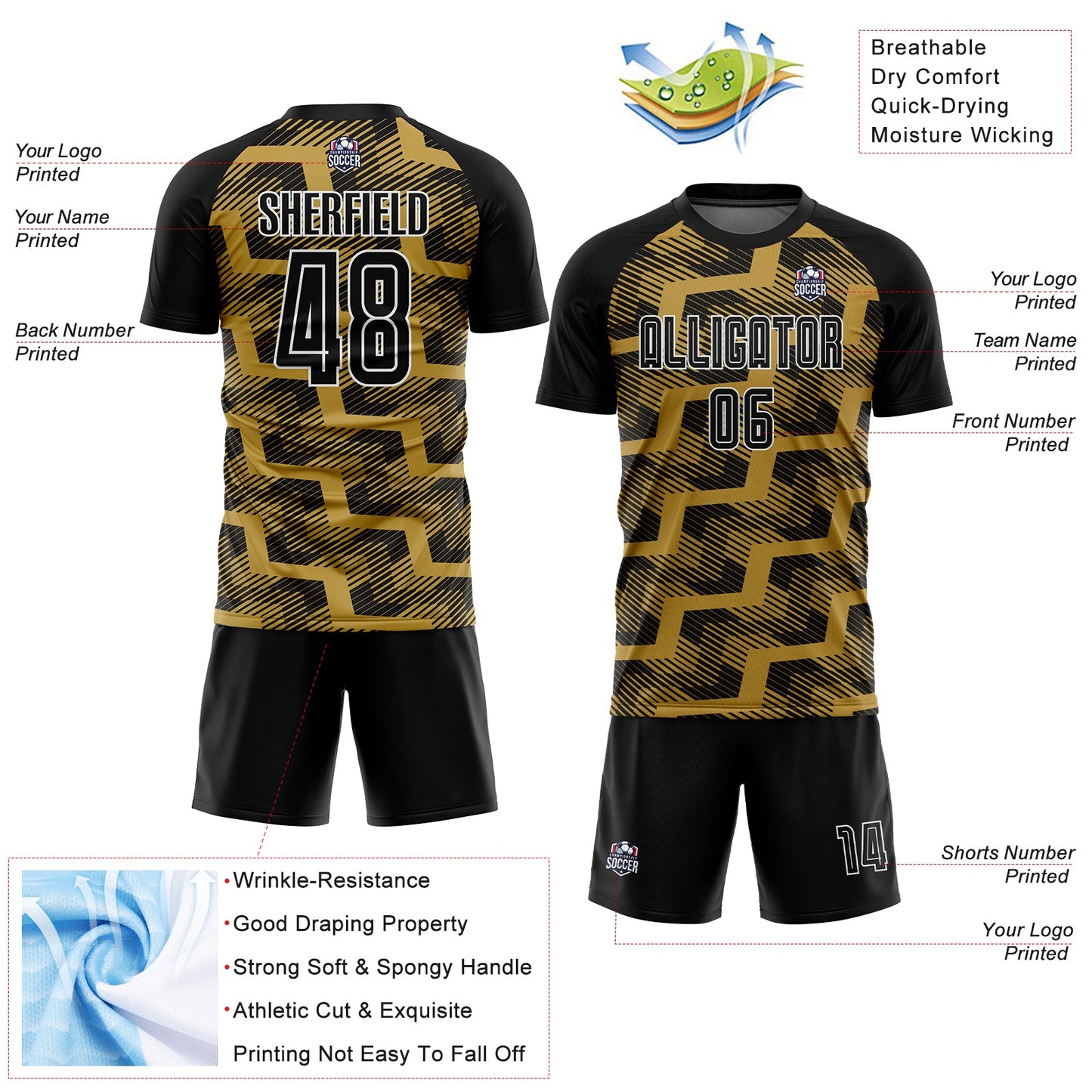 Custom Black Old Gold-White Line Sublimation Soccer Uniform Jersey Limited