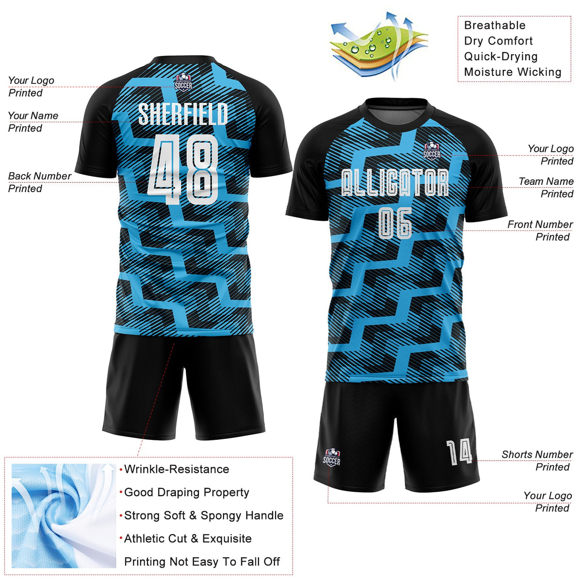 Custom Black White-Sky Blue Line Sublimation Soccer Uniform Jersey Limited