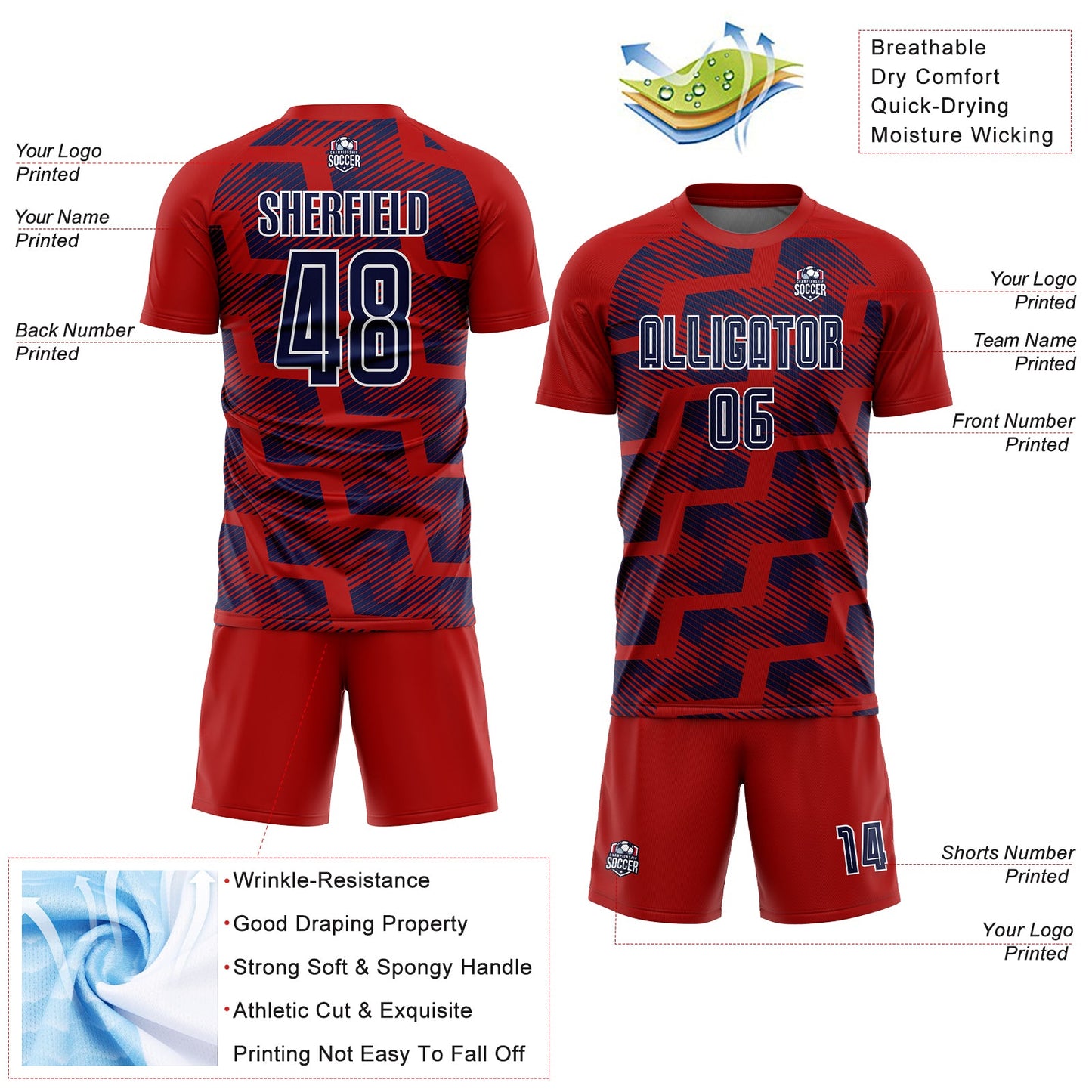 Custom Red Navy-White Line Sublimation Soccer Uniform Jersey Limited