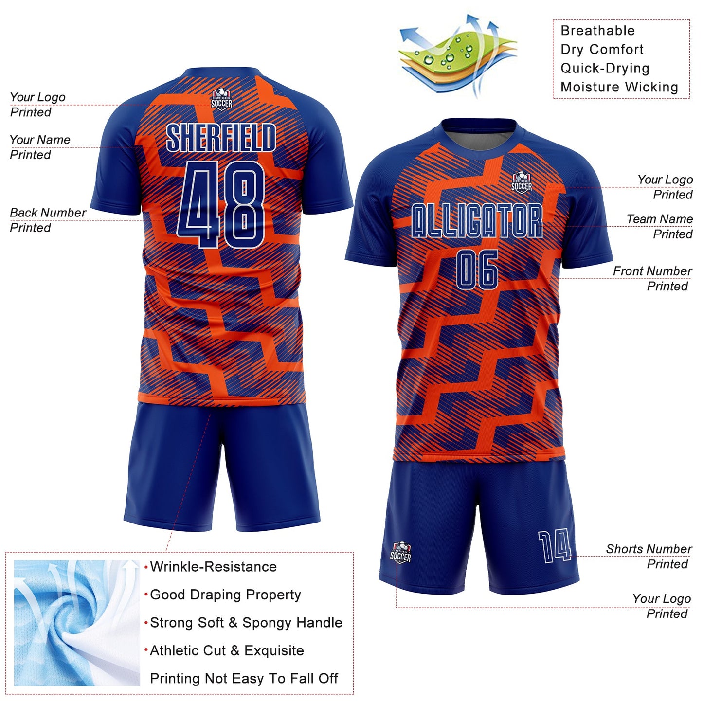 Custom Royal Orange-White Line Sublimation Soccer Uniform Jersey Limited