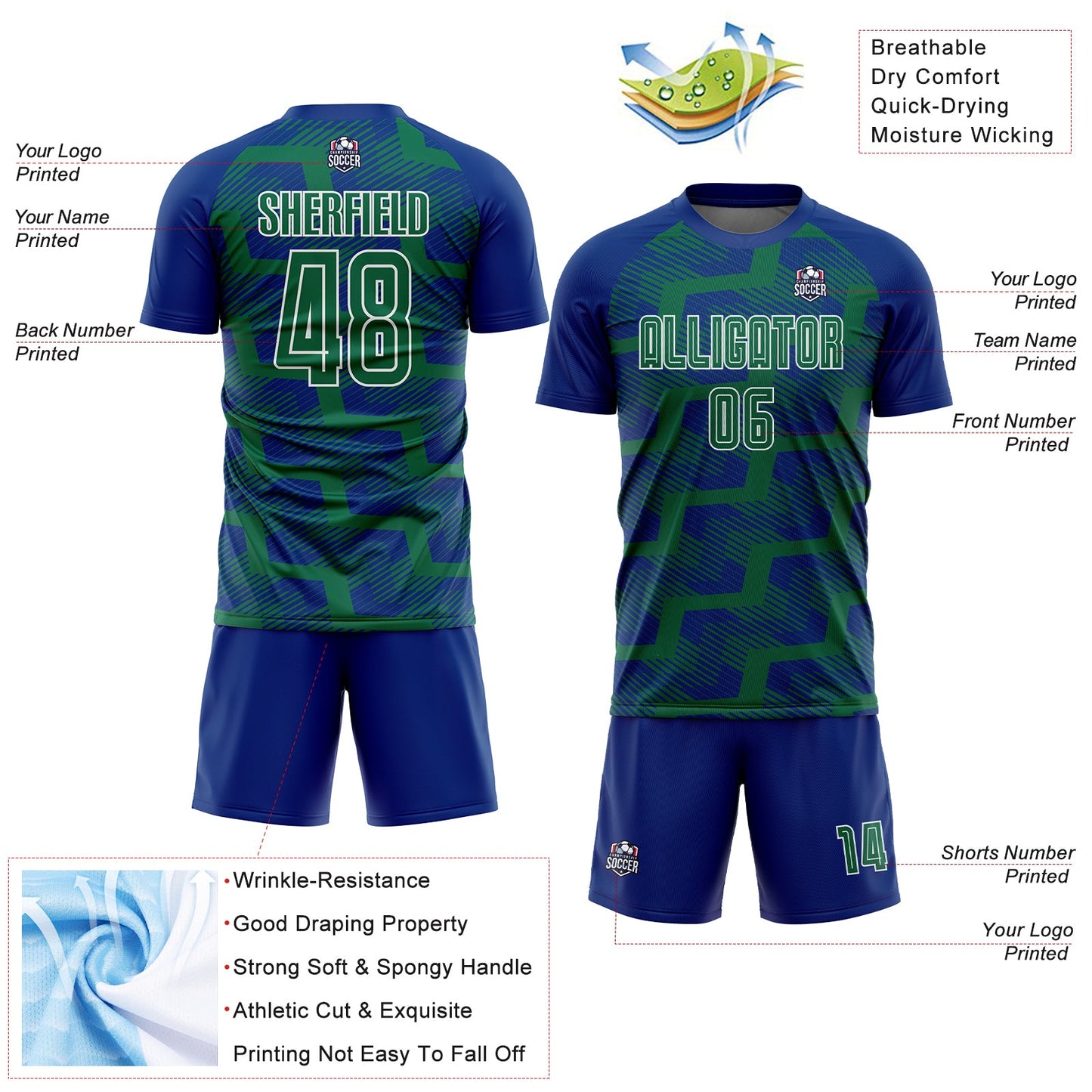 Custom Royal Kelly Green-White Line Sublimation Soccer Uniform Jersey Limited