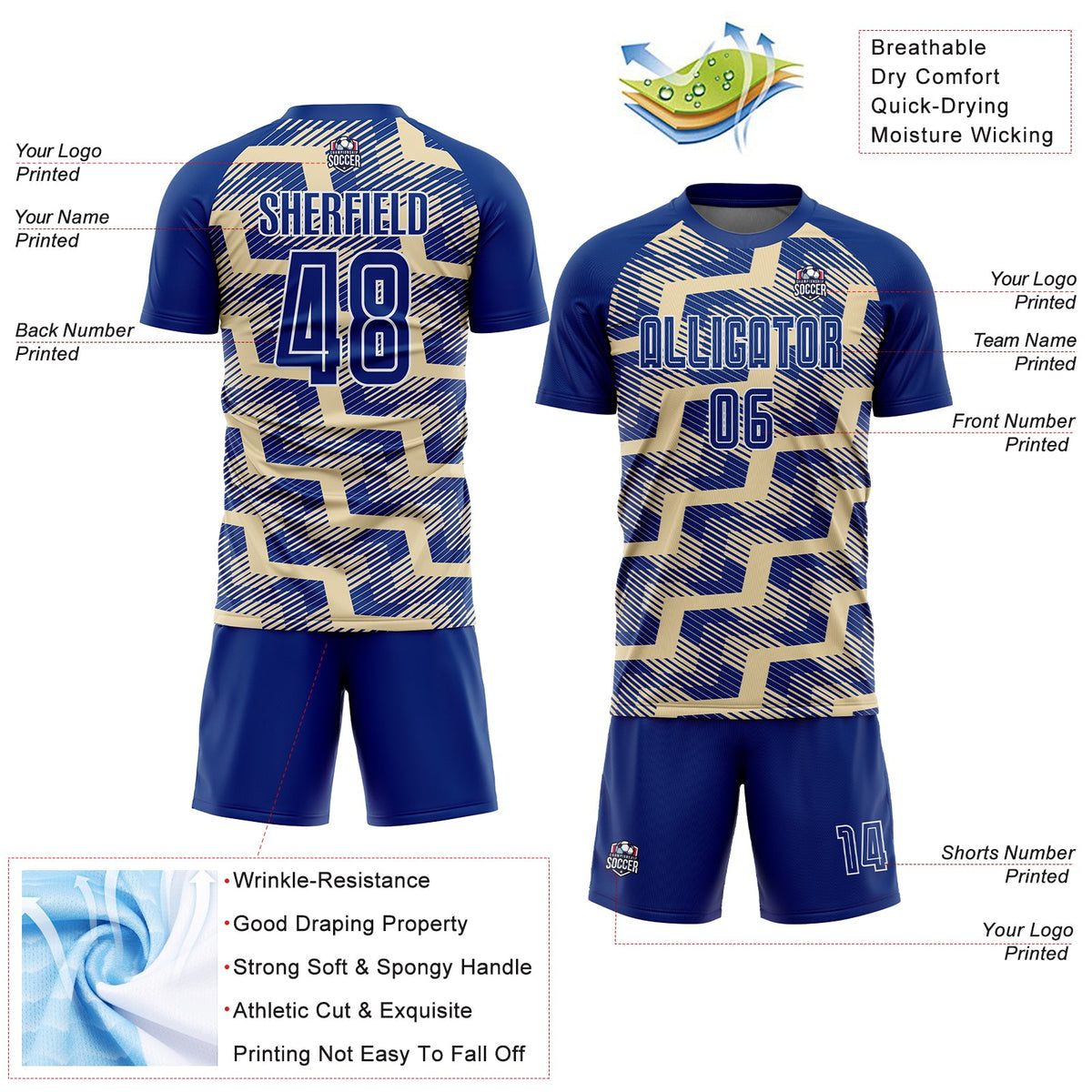 Custom Royal Cream-White Line Sublimation Soccer Uniform Jersey Limited