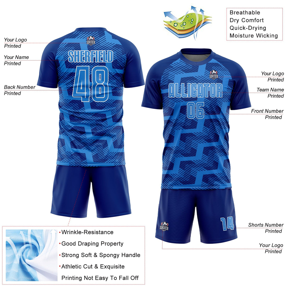 Custom Royal Powder Blue-White Line Sublimation Soccer Uniform Jersey Limited