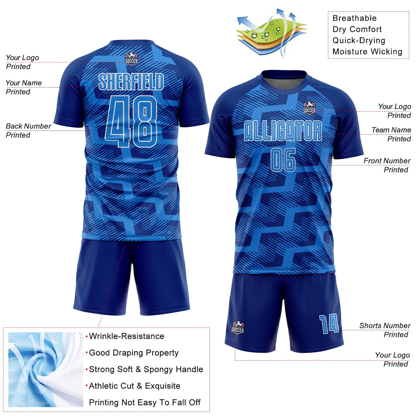 Custom Royal Powder Blue-White Line Sublimation Soccer Uniform Jersey Limited