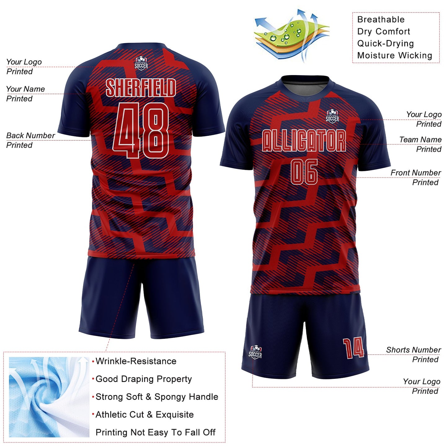 Custom Navy Red-White Line Sublimation Soccer Uniform Jersey Limited