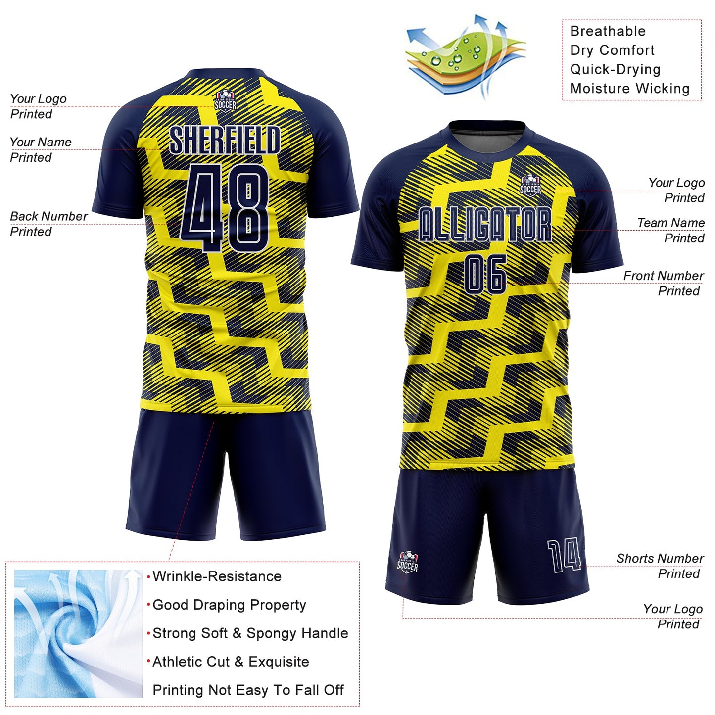 Custom Navy Light Yellow-White Line Sublimation Soccer Uniform Jersey Limited