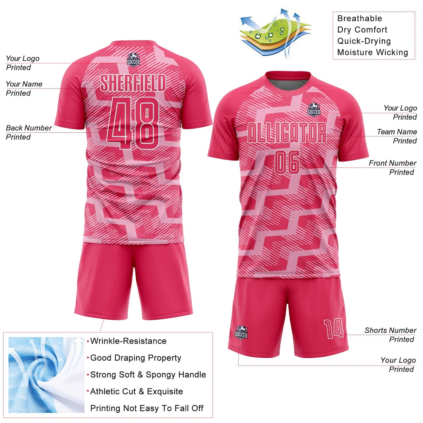Custom Neon Pink Light Pink-White Line Sublimation Soccer Uniform Jersey Limited