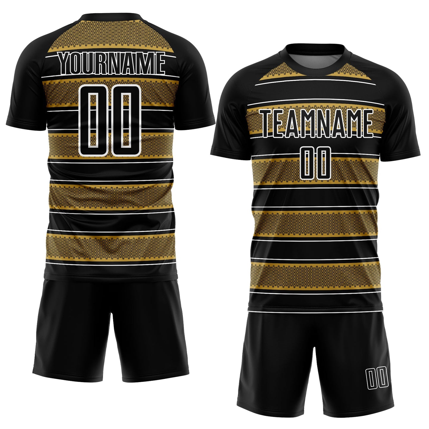 Custom Black Old Gold-White Geometric Shapes And Line Sublimation Soccer Uniform Jersey Limited
