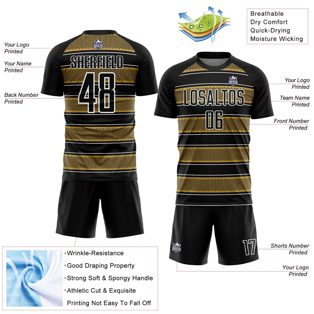 Custom Black Old Gold-White Geometric Shapes And Line Sublimation Soccer Uniform Jersey Limited