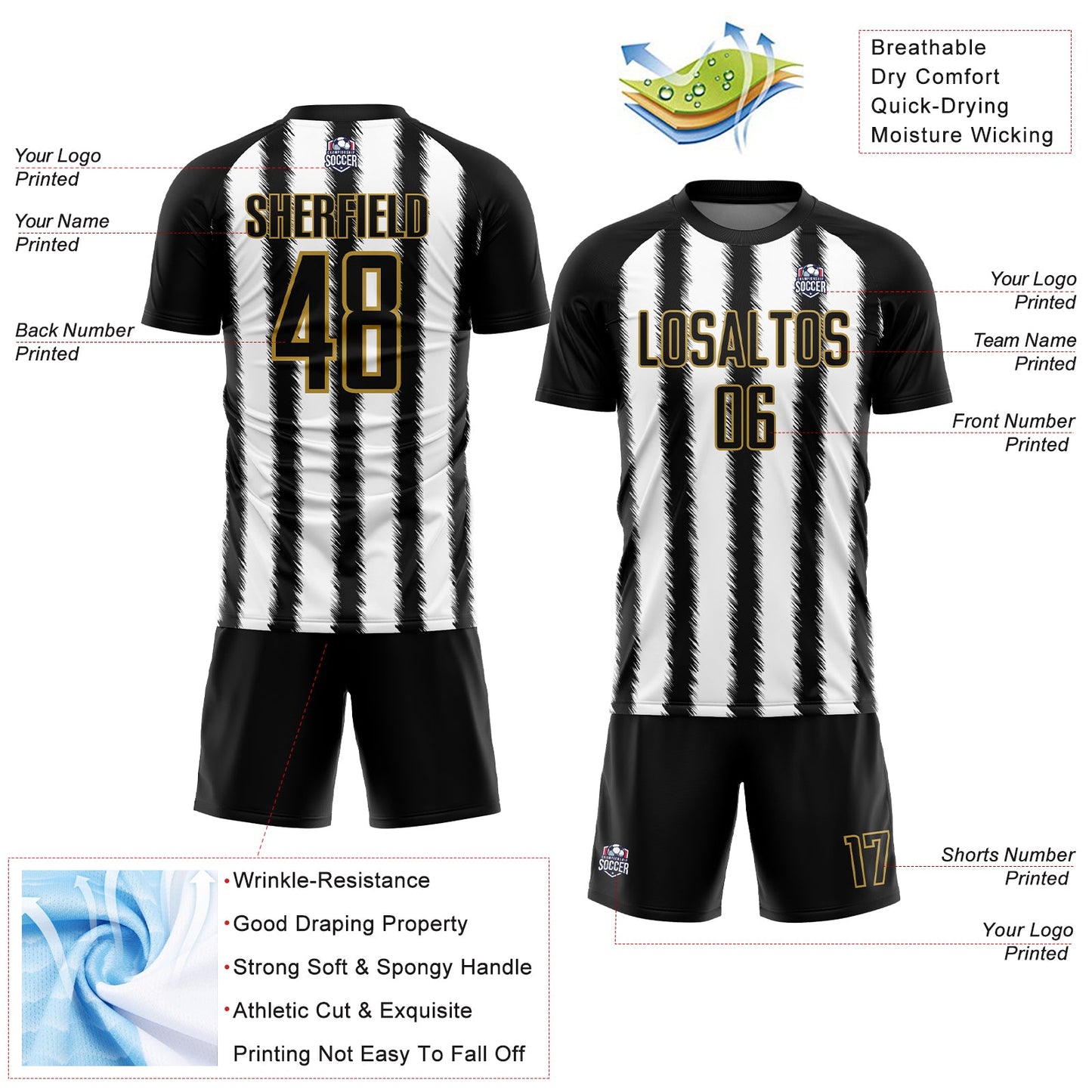 Custom Black White-Old Gold Line Sublimation Soccer Uniform Jersey Limited