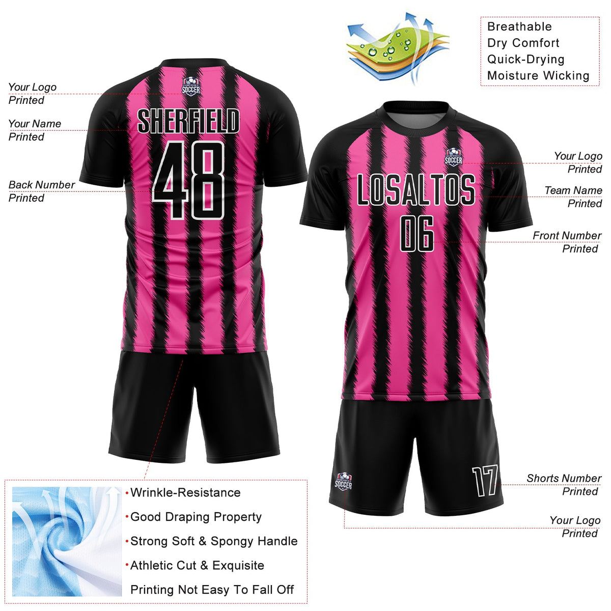 Custom Black Pink-White Line Sublimation Soccer Uniform Jersey Limited