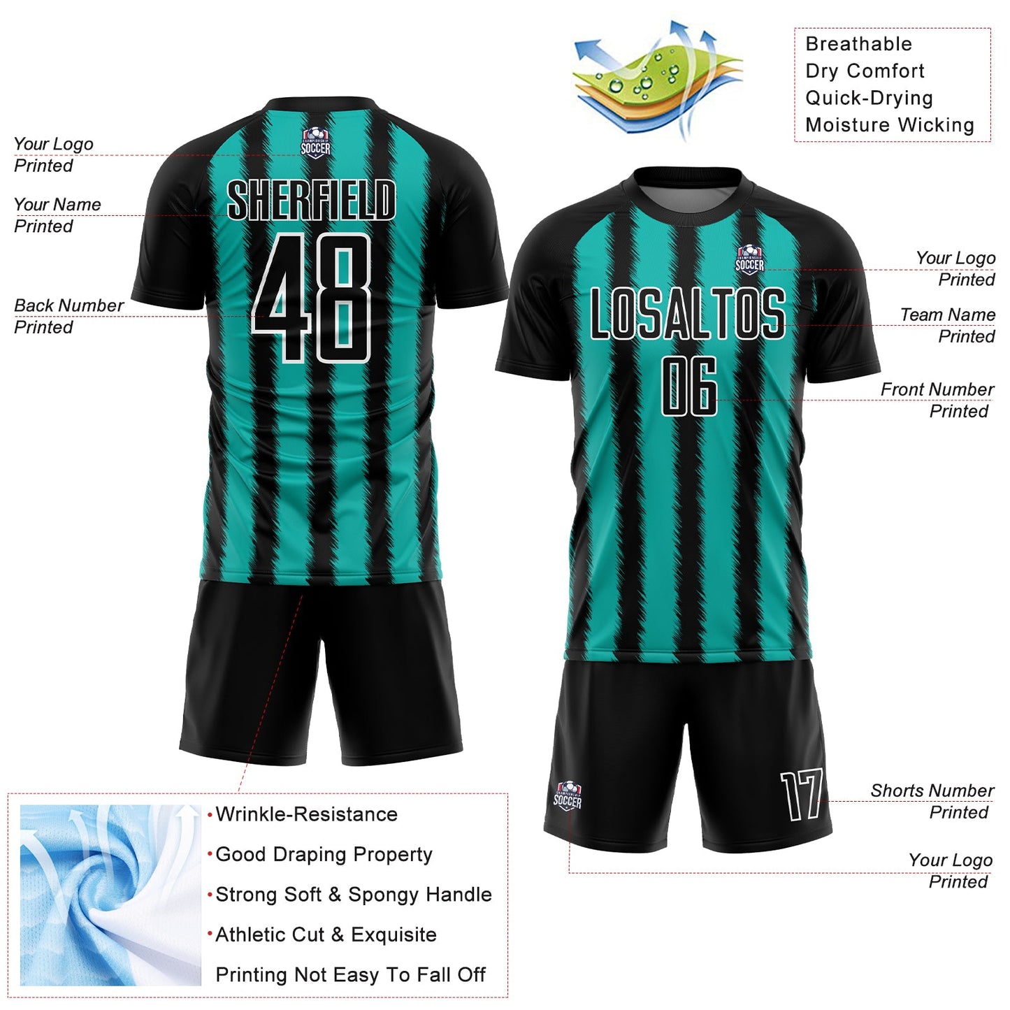 Custom Black Aqua-White Line Sublimation Soccer Uniform Jersey Limited