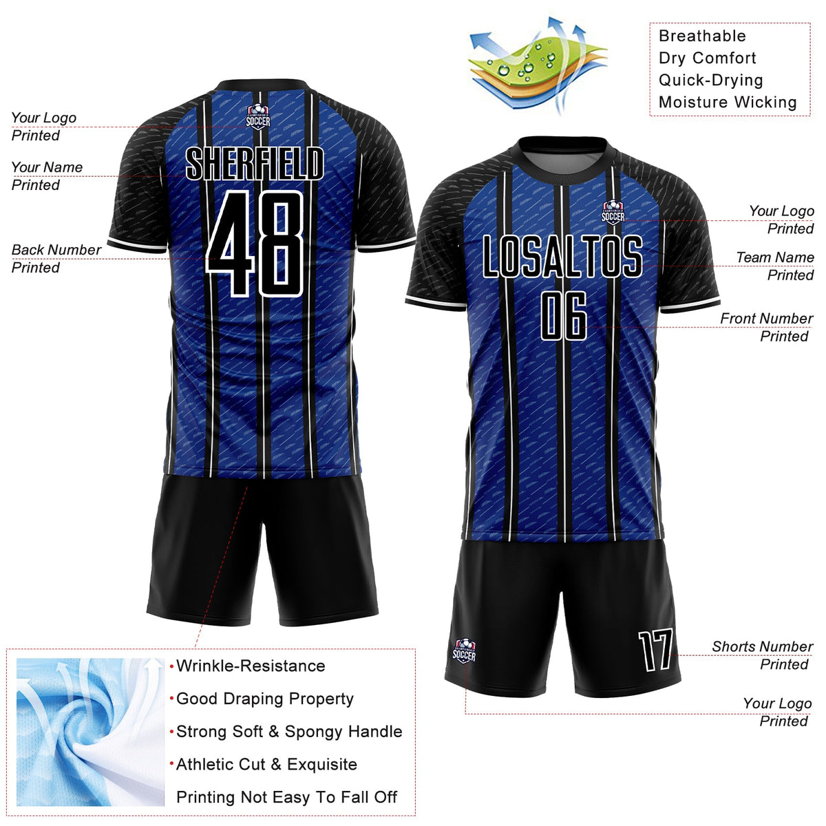 Custom Black Royal-White Line Sublimation Soccer Uniform Jersey Limited