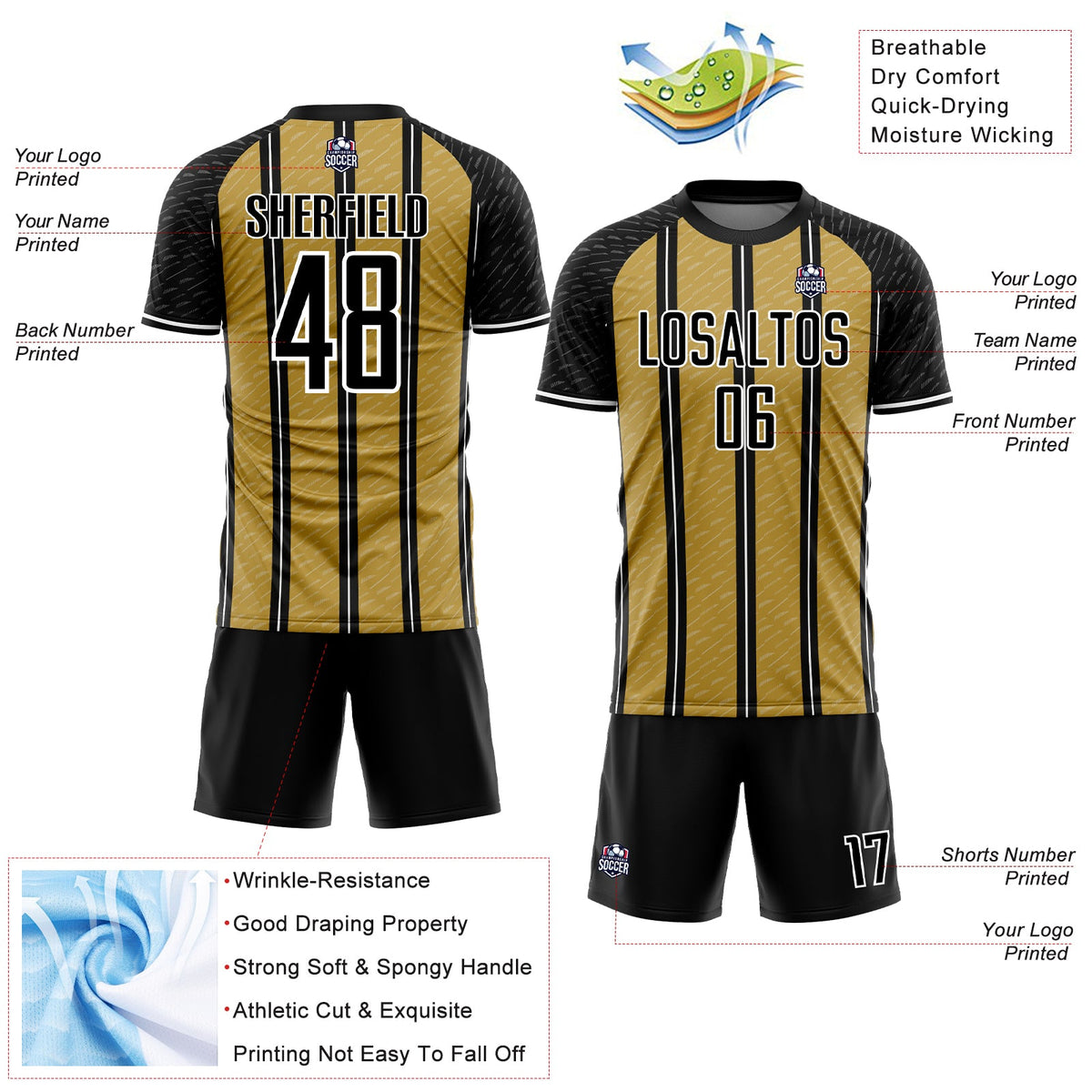 Custom Black Old Gold-White Line Sublimation Soccer Uniform Jersey Limited