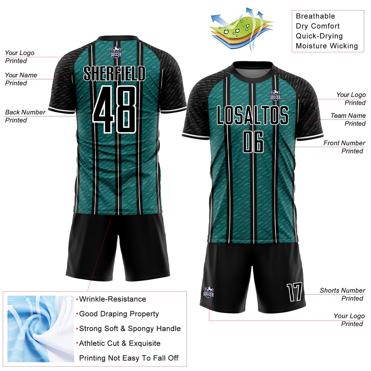 Custom Black Teal-White Line Sublimation Soccer Uniform Jersey Limited