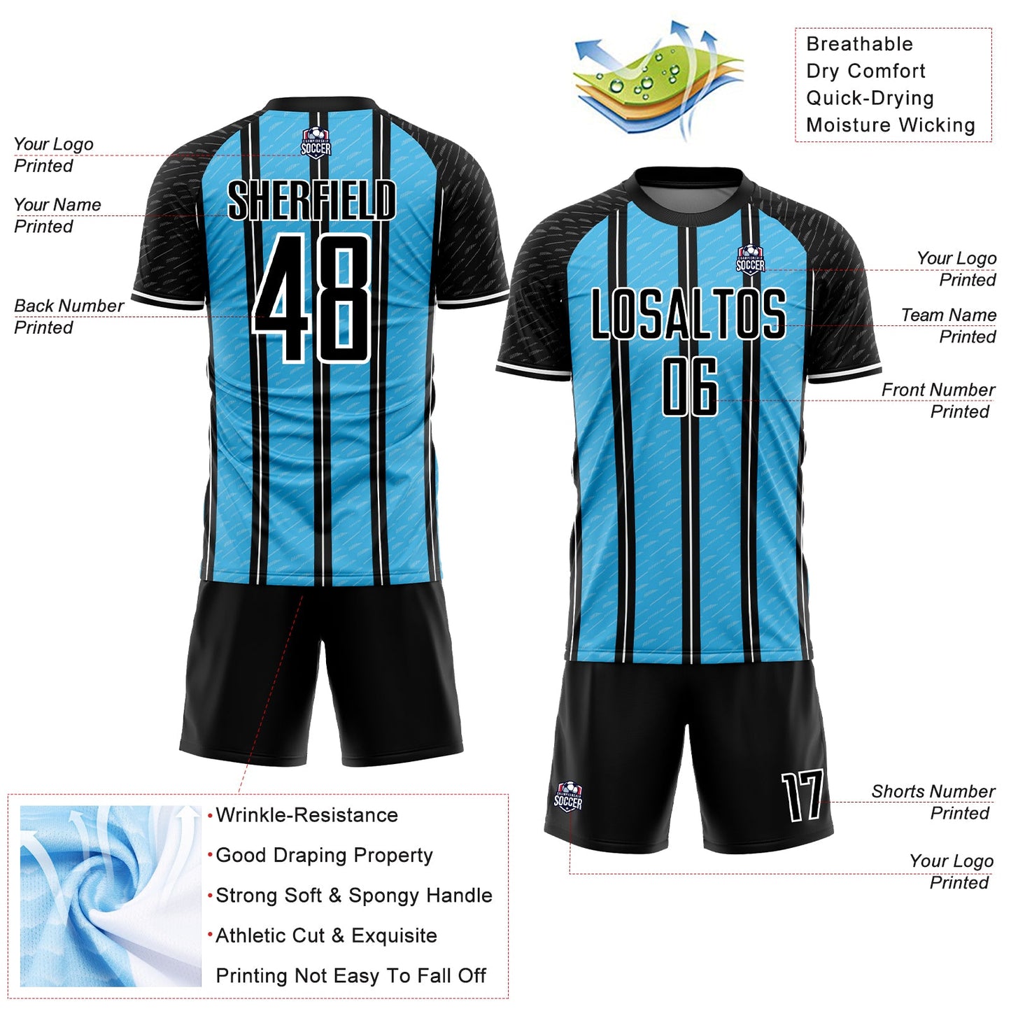 Custom Black Sky Blue-White Line Sublimation Soccer Uniform Jersey Limited