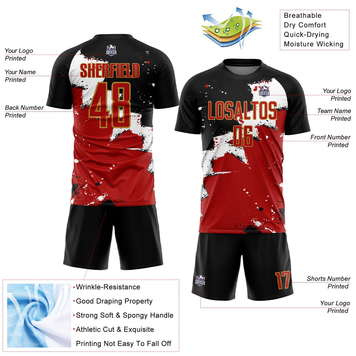 Custom Black Red-Old Gold Spalsh Sublimation Soccer Uniform Jersey Limited