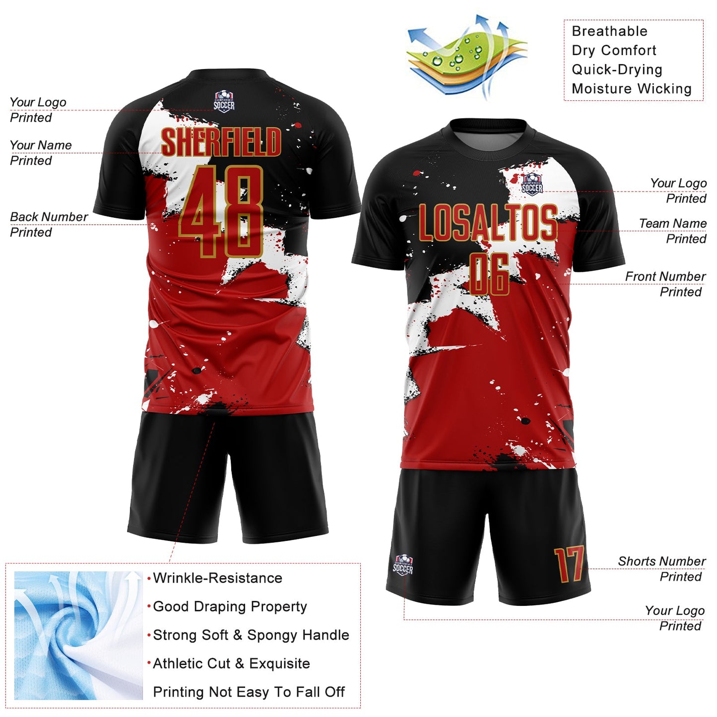Custom Black Red-Old Gold Spalsh Sublimation Soccer Uniform Jersey Limited