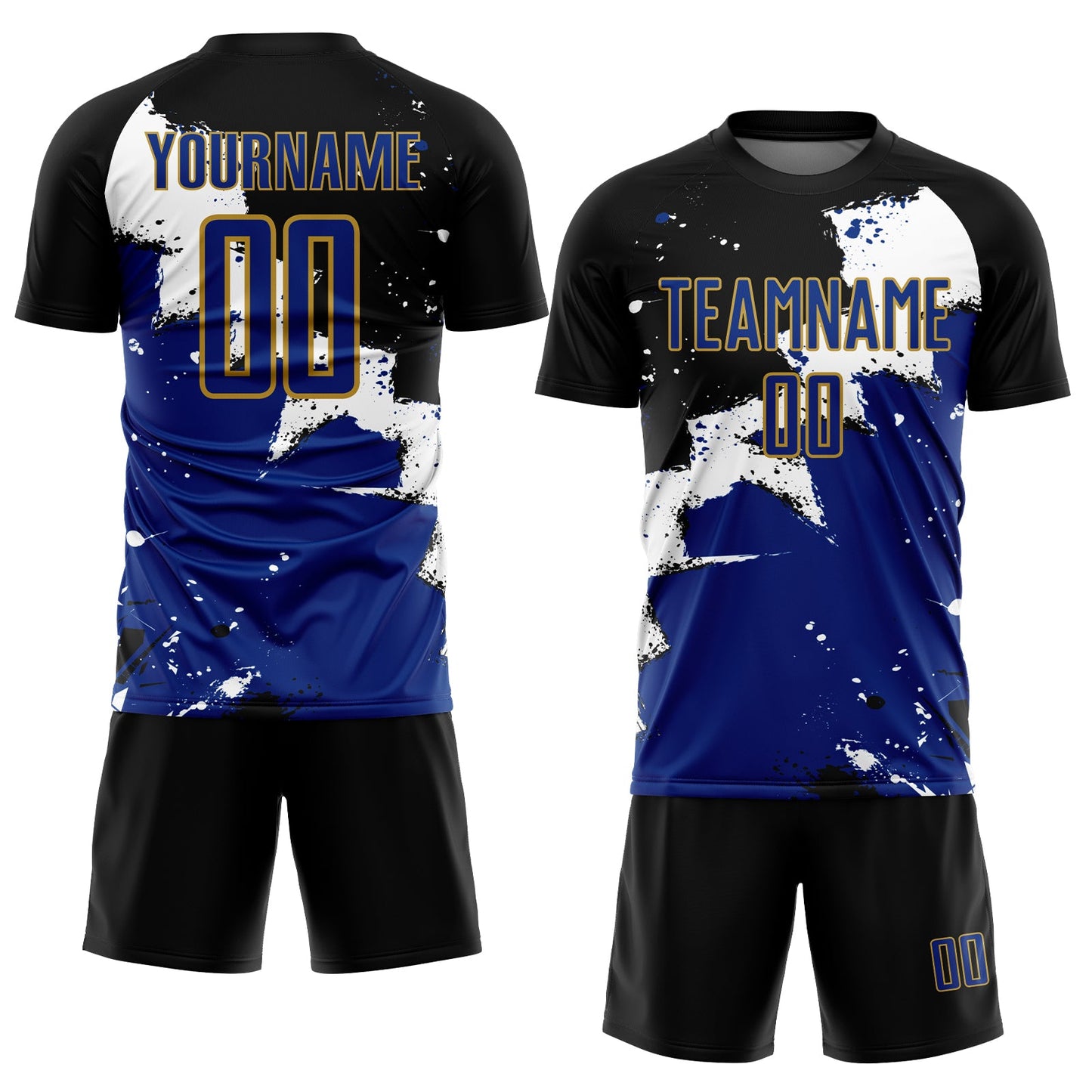 Custom Black Royal-Old Gold Spalsh Sublimation Soccer Uniform Jersey Limited