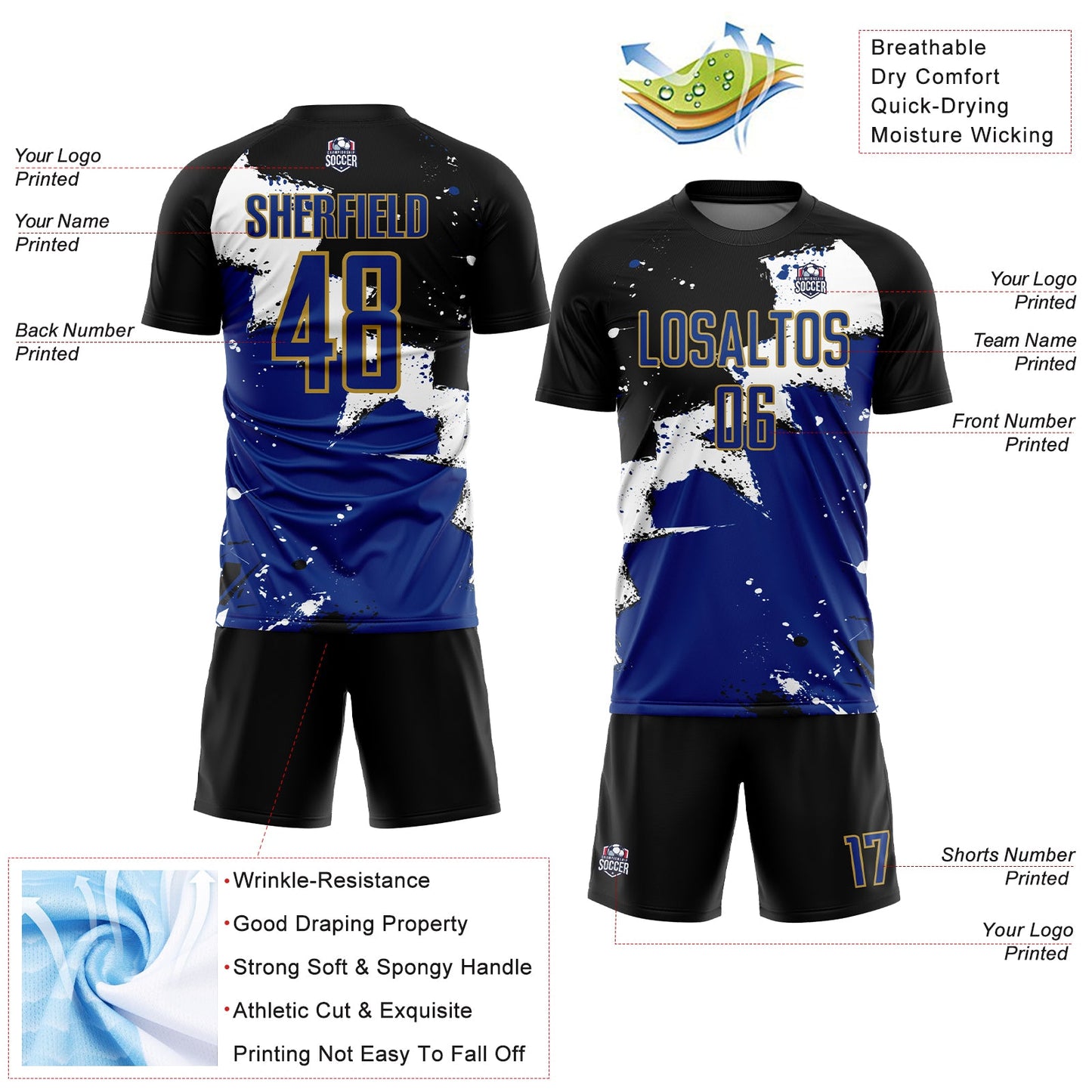 Custom Black Royal-Old Gold Spalsh Sublimation Soccer Uniform Jersey Limited