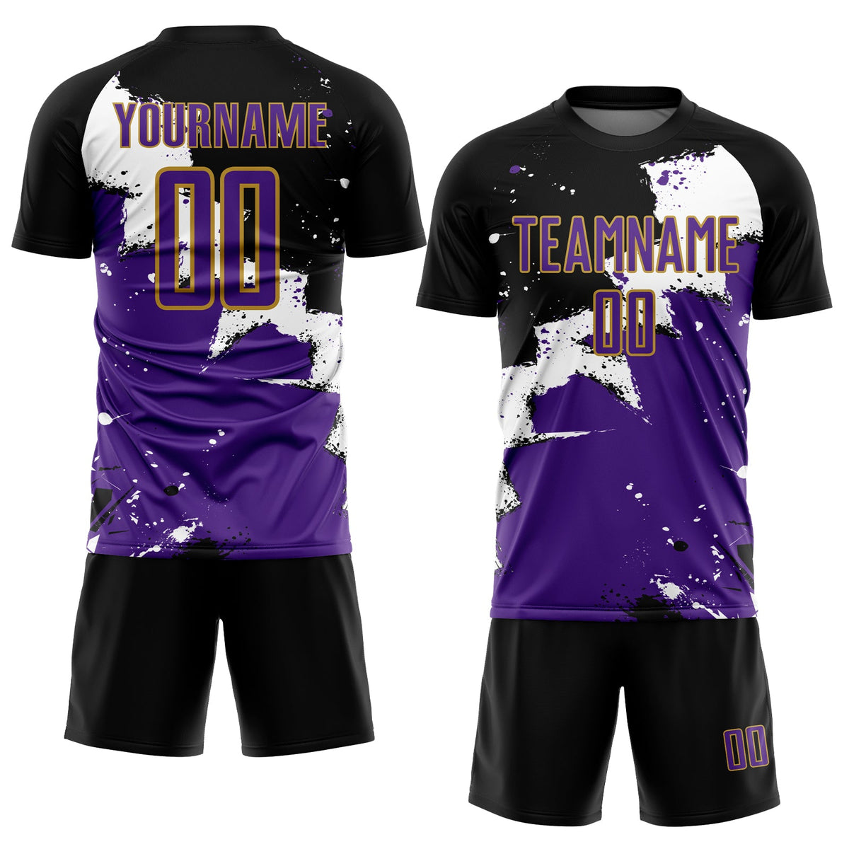 Custom Black Purple-Old Gold Spalsh Sublimation Soccer Uniform Jersey Limited