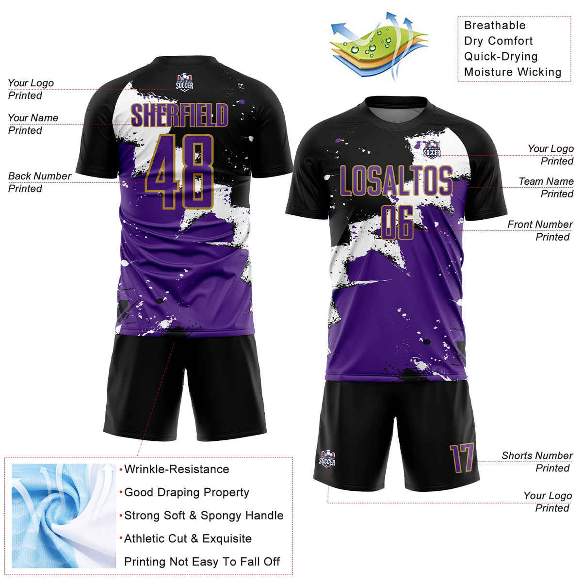 Custom Black Purple-Old Gold Spalsh Sublimation Soccer Uniform Jersey Limited