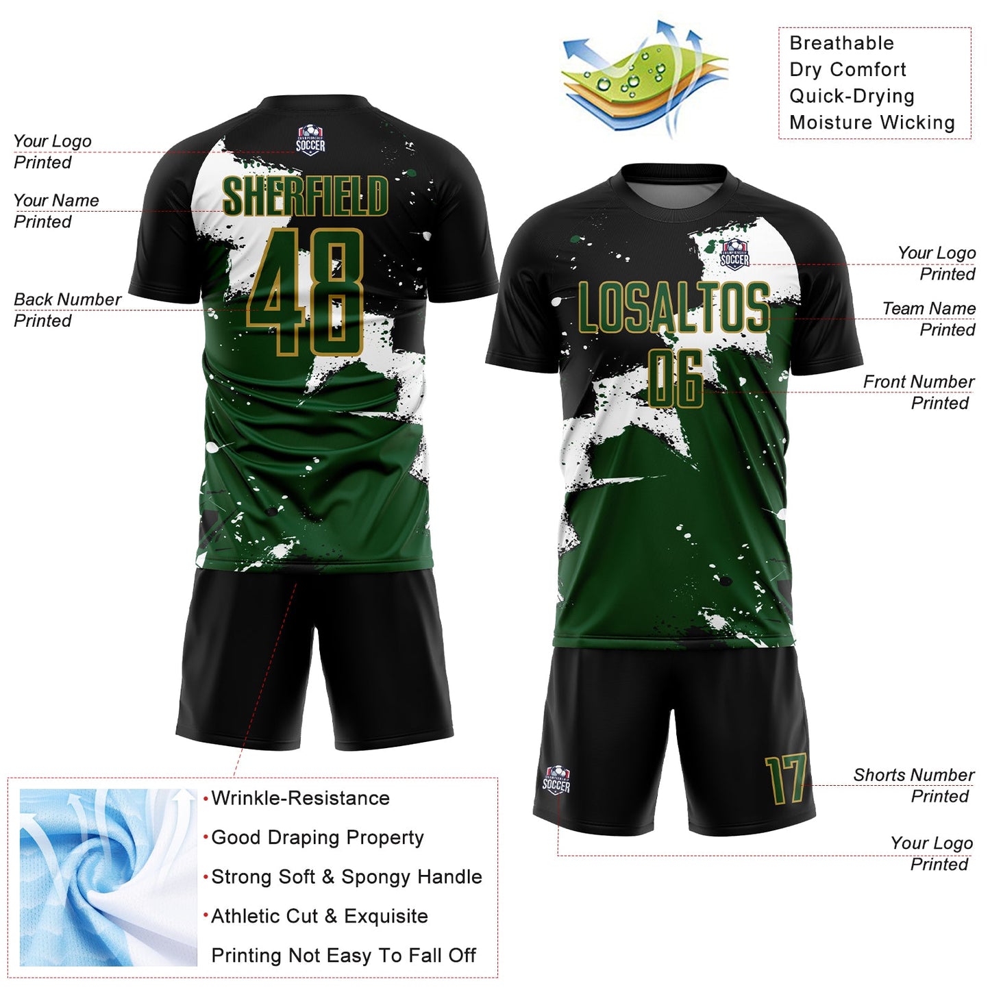 Custom Black Green-Old Gold Spalsh Sublimation Soccer Uniform Jersey Limited