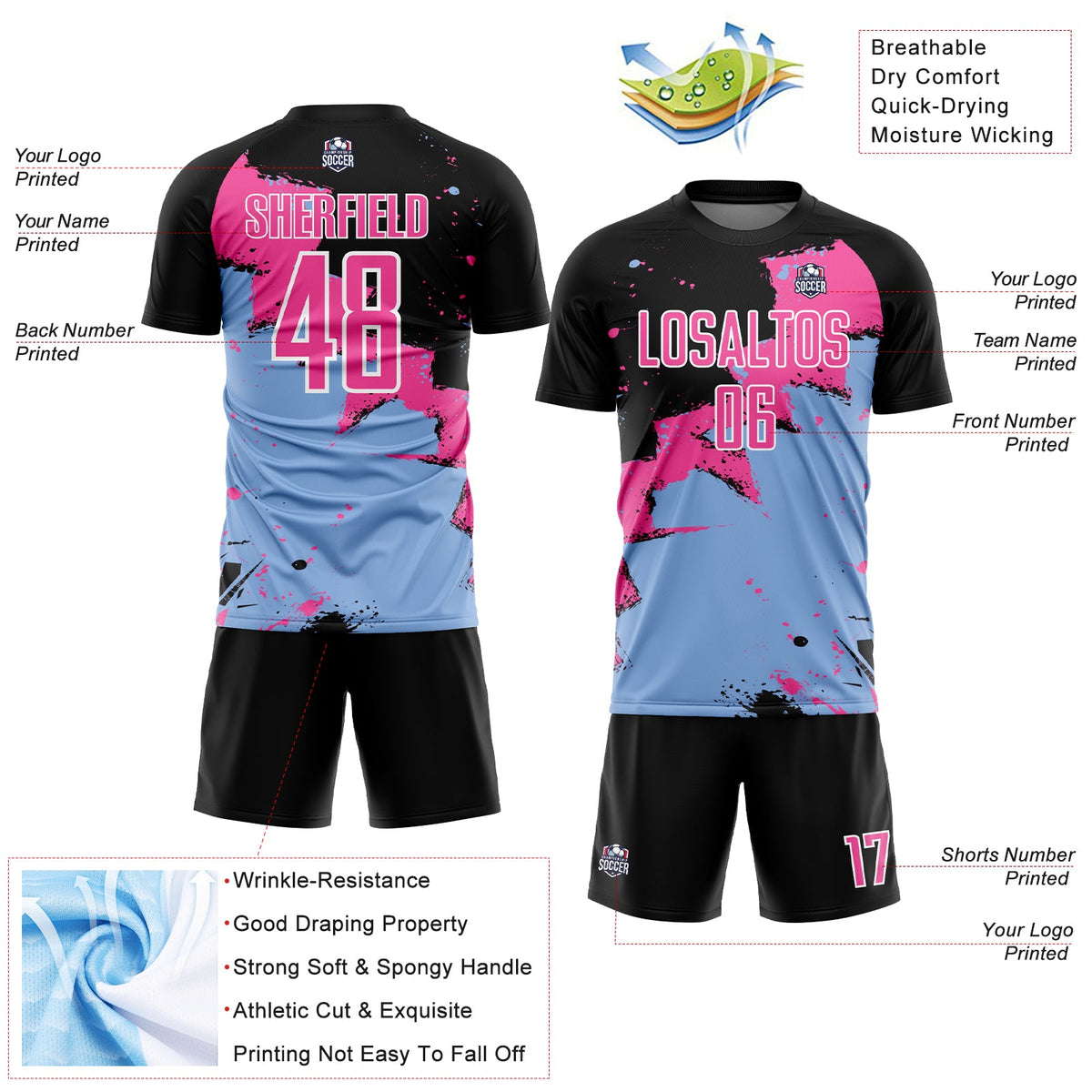 Custom Black Pink-Light Blue Spalsh Sublimation Soccer Uniform Jersey Limited
