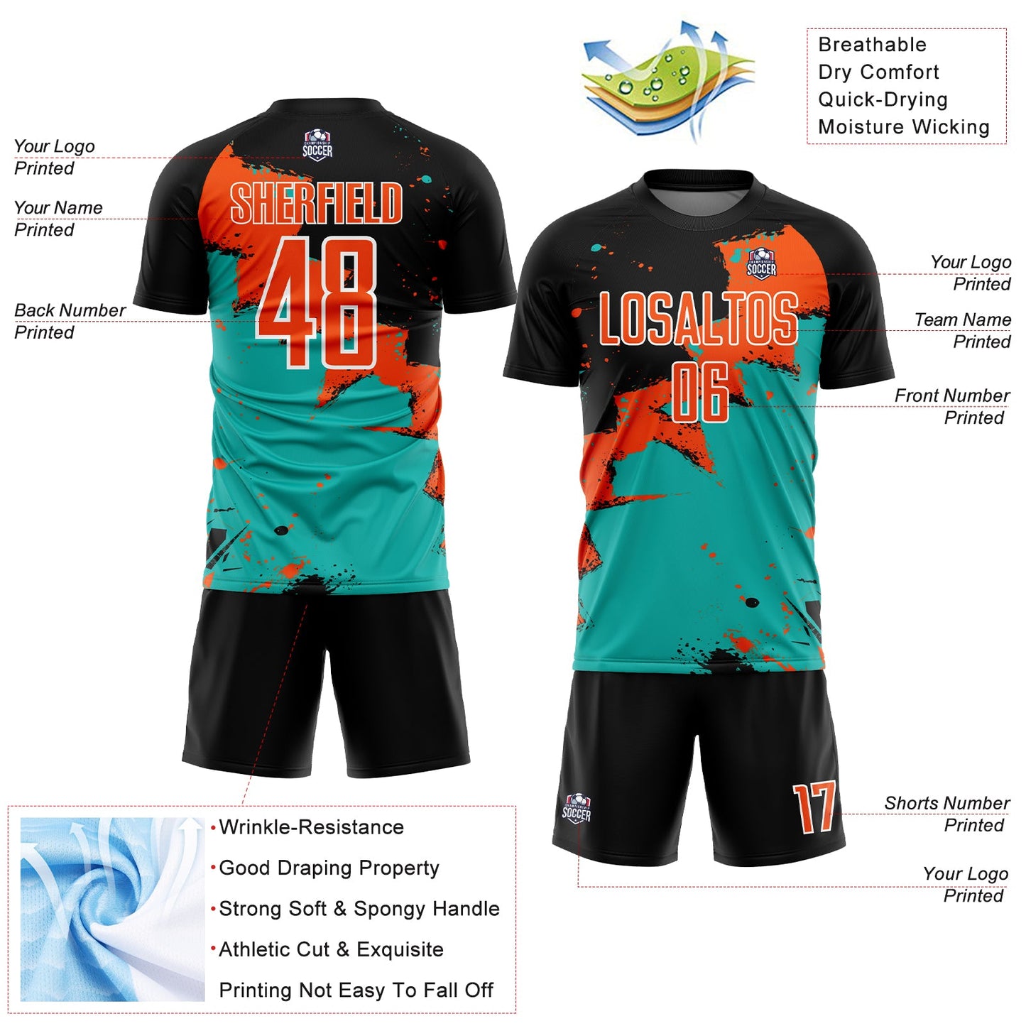 Custom Black Orange-Aqua Spalsh Sublimation Soccer Uniform Jersey Limited