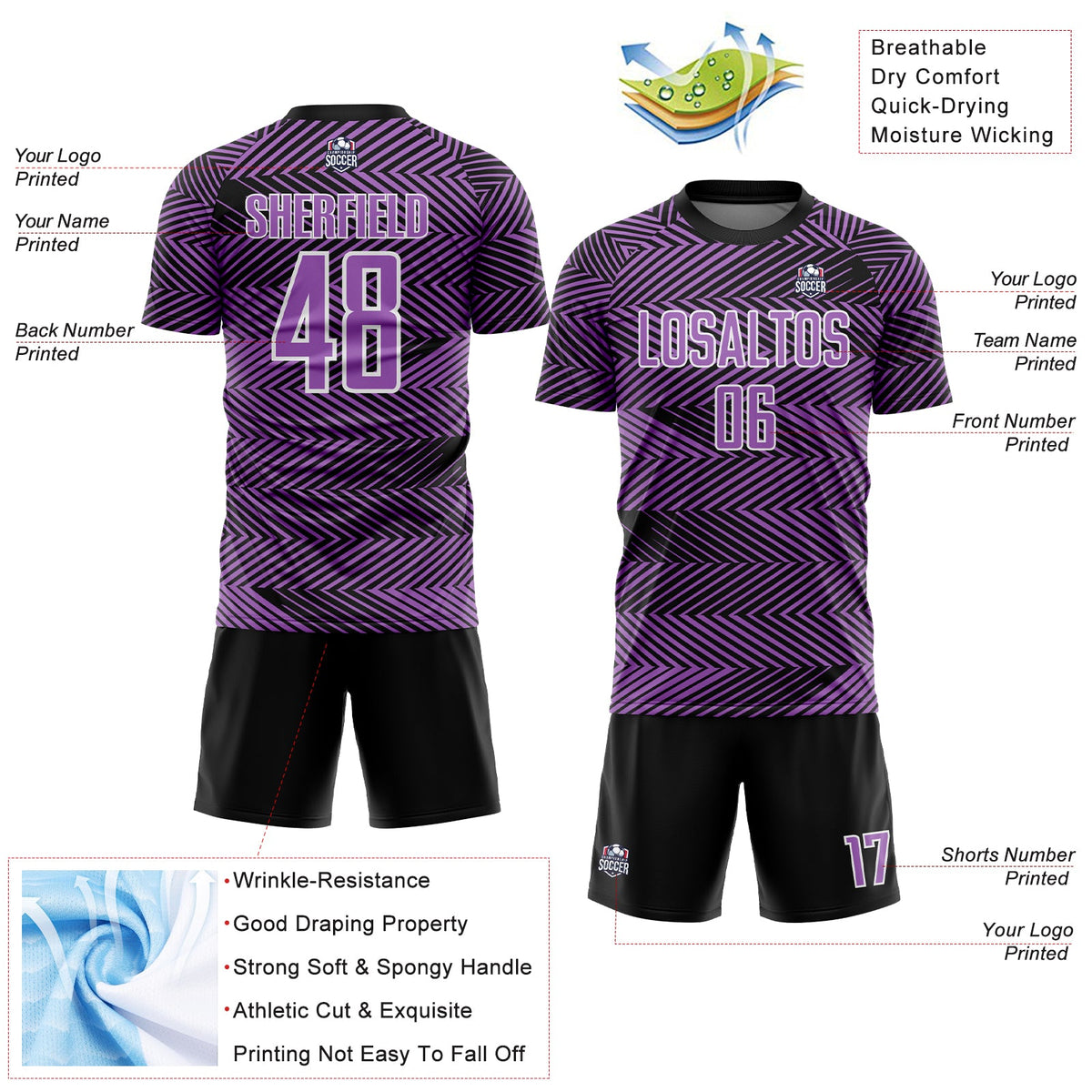 Custom Medium Purple Black-White Line Sublimation Soccer Uniform Jersey Limited