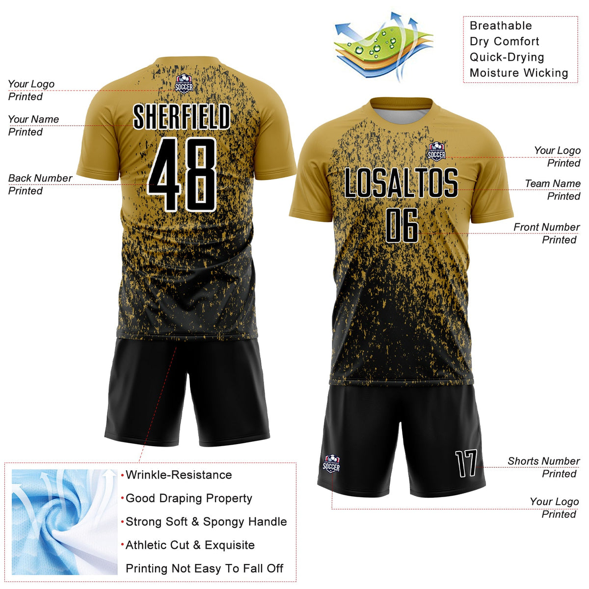 Custom Old Gold Black-White Abstract Fragment Art Sublimation Soccer Uniform Jersey Limited
