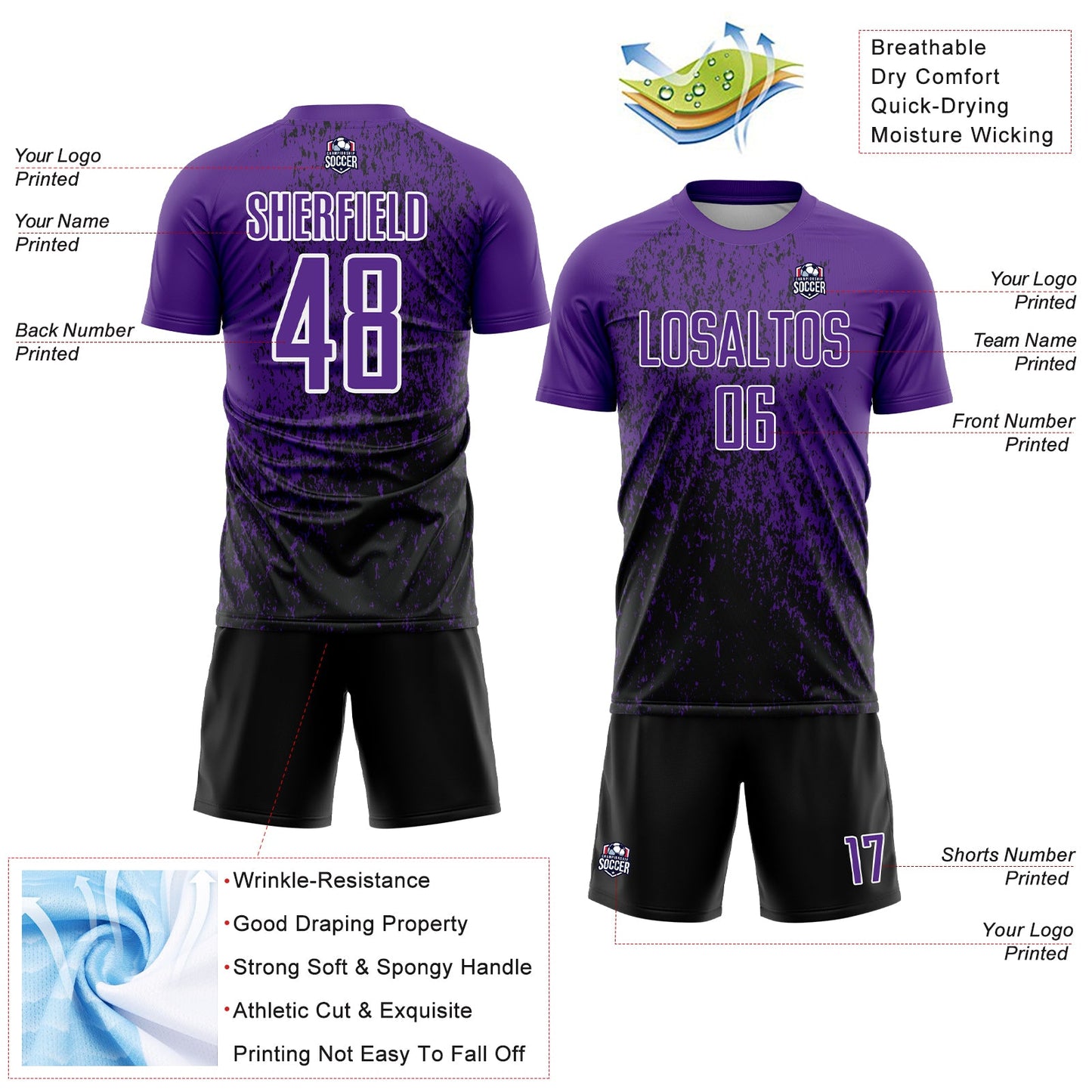Custom Purple Black-White Abstract Fragment Art Sublimation Soccer Uniform Jersey Limited