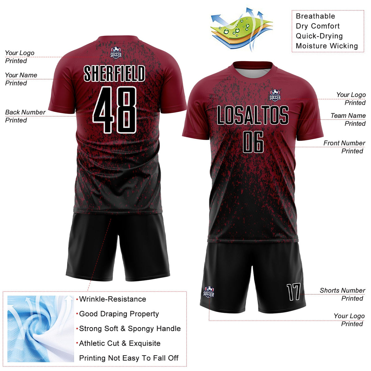 Custom Crimson Black-White Abstract Fragment Art Sublimation Soccer Uniform Jersey Limited