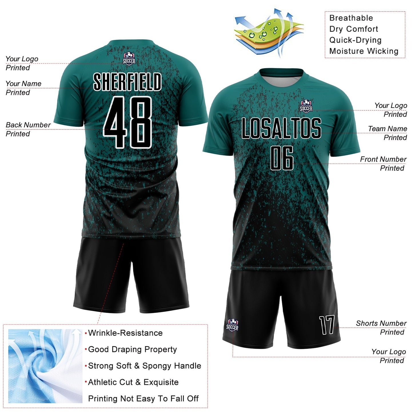 Custom Teal Black-White Abstract Fragment Art Sublimation Soccer Uniform Jersey Limited