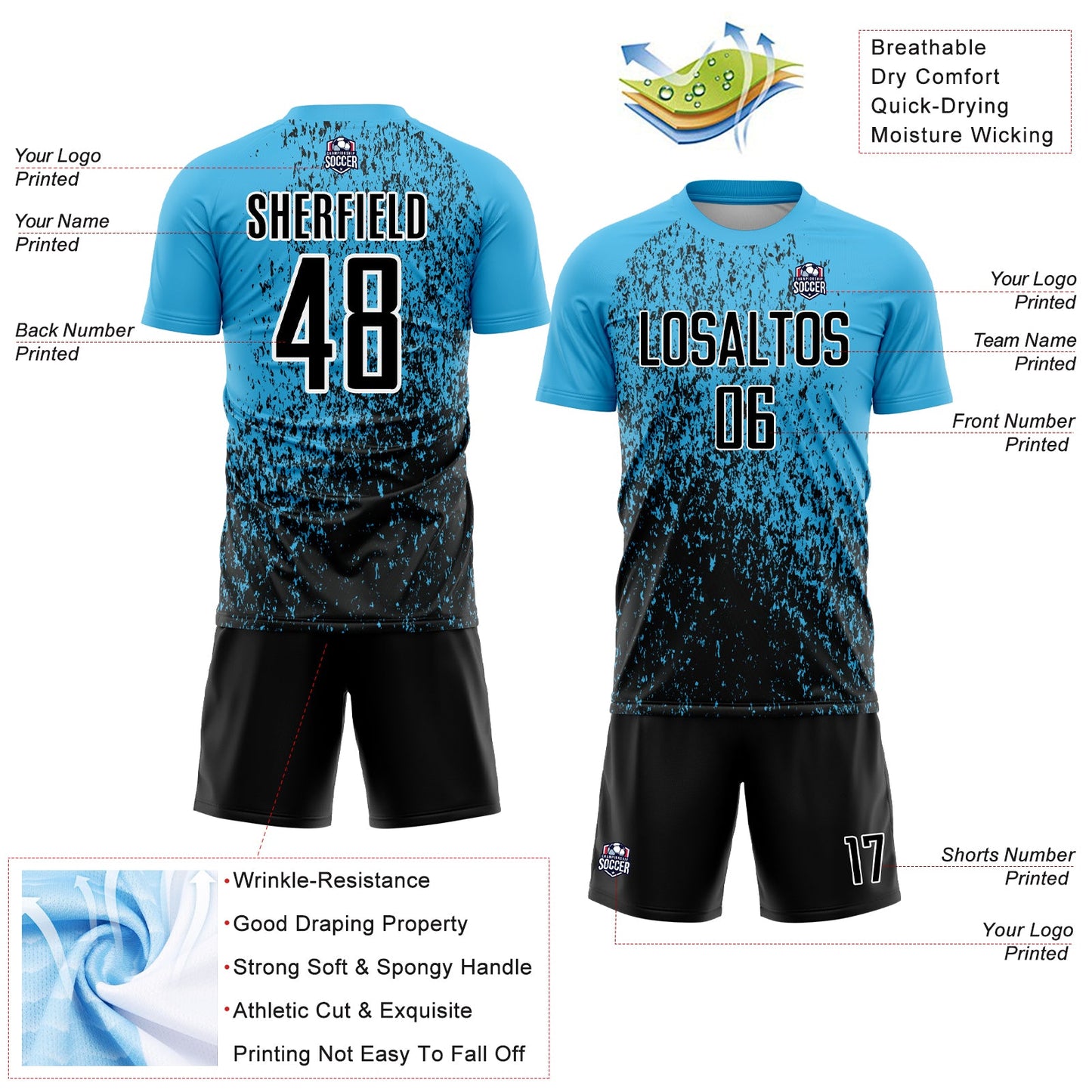 Custom Sky Blue Black-White Abstract Fragment Art Sublimation Soccer Uniform Jersey Limited