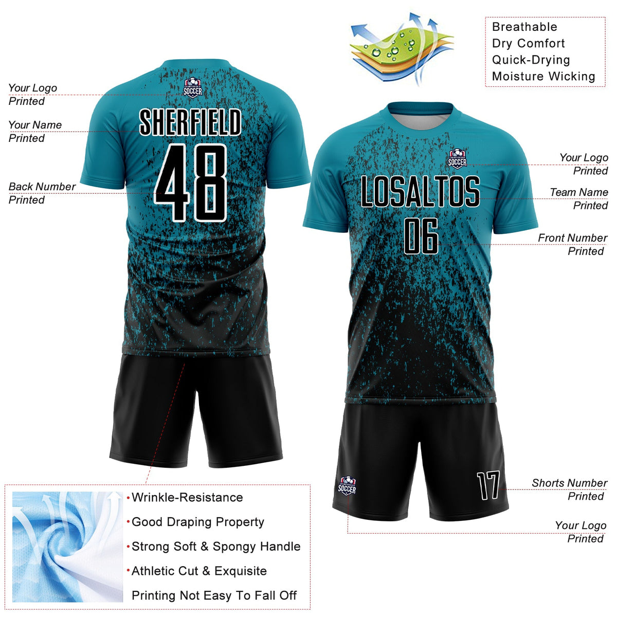 Custom Teal Black-White Abstract Fragment Art Sublimation Soccer Uniform Jersey Limited