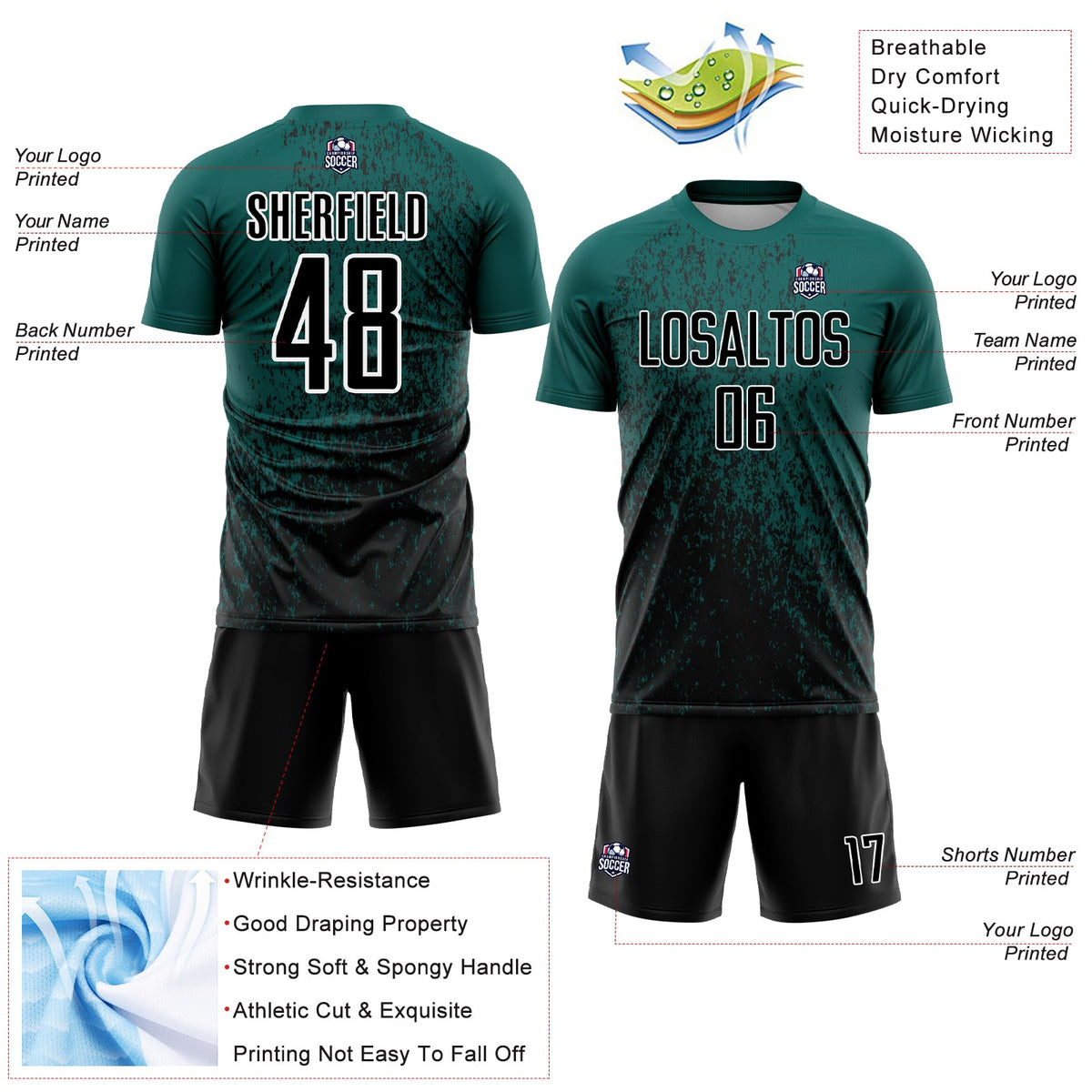 Custom Midnight Green Black-White Abstract Fragment Art Sublimation Soccer Uniform Jersey Limited