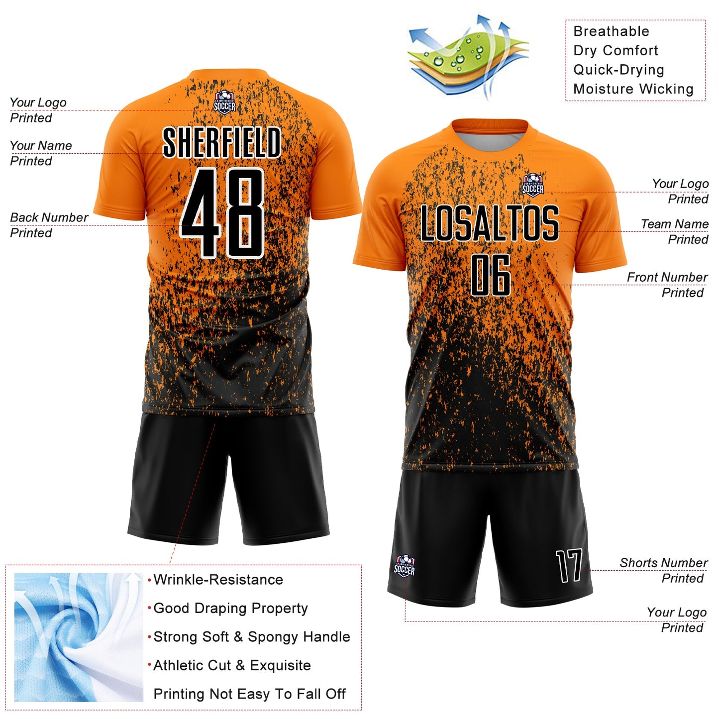 Custom Bay Orange Black-White Abstract Fragment Art Sublimation Soccer Uniform Jersey Limited