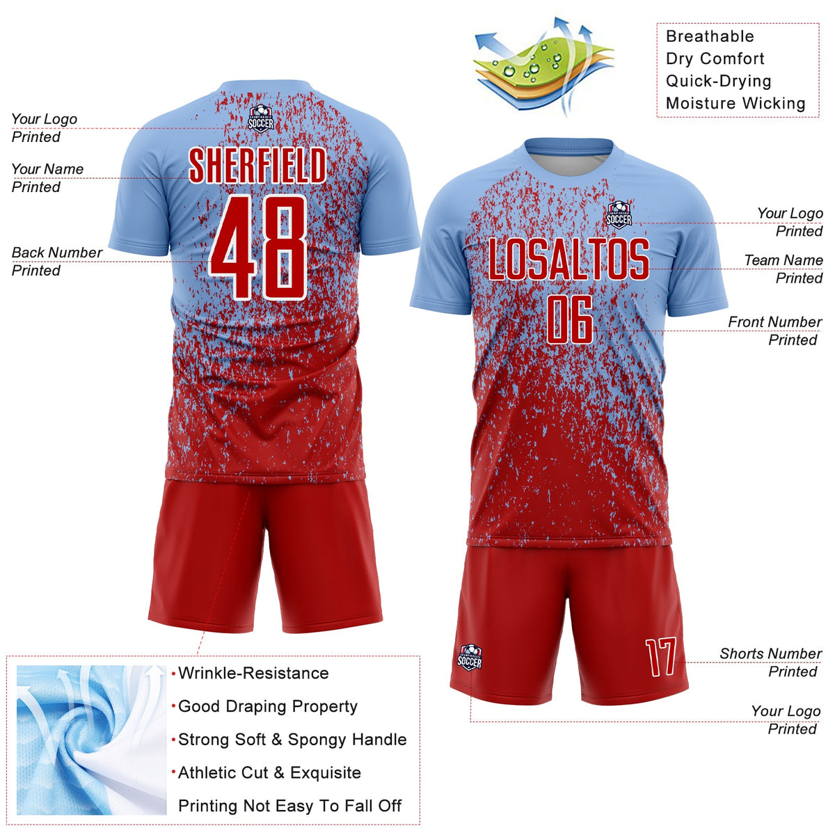 Custom Light Blue Red-White Abstract Fragment Art Sublimation Soccer Uniform Jersey Limited
