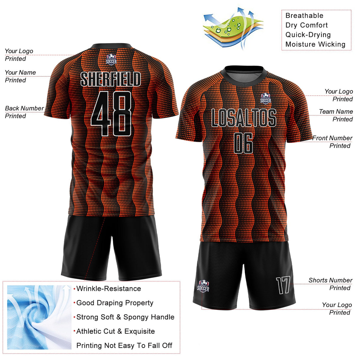 Custom Black Orange-White Geometric Shape Sublimation Soccer Uniform Jersey Limited