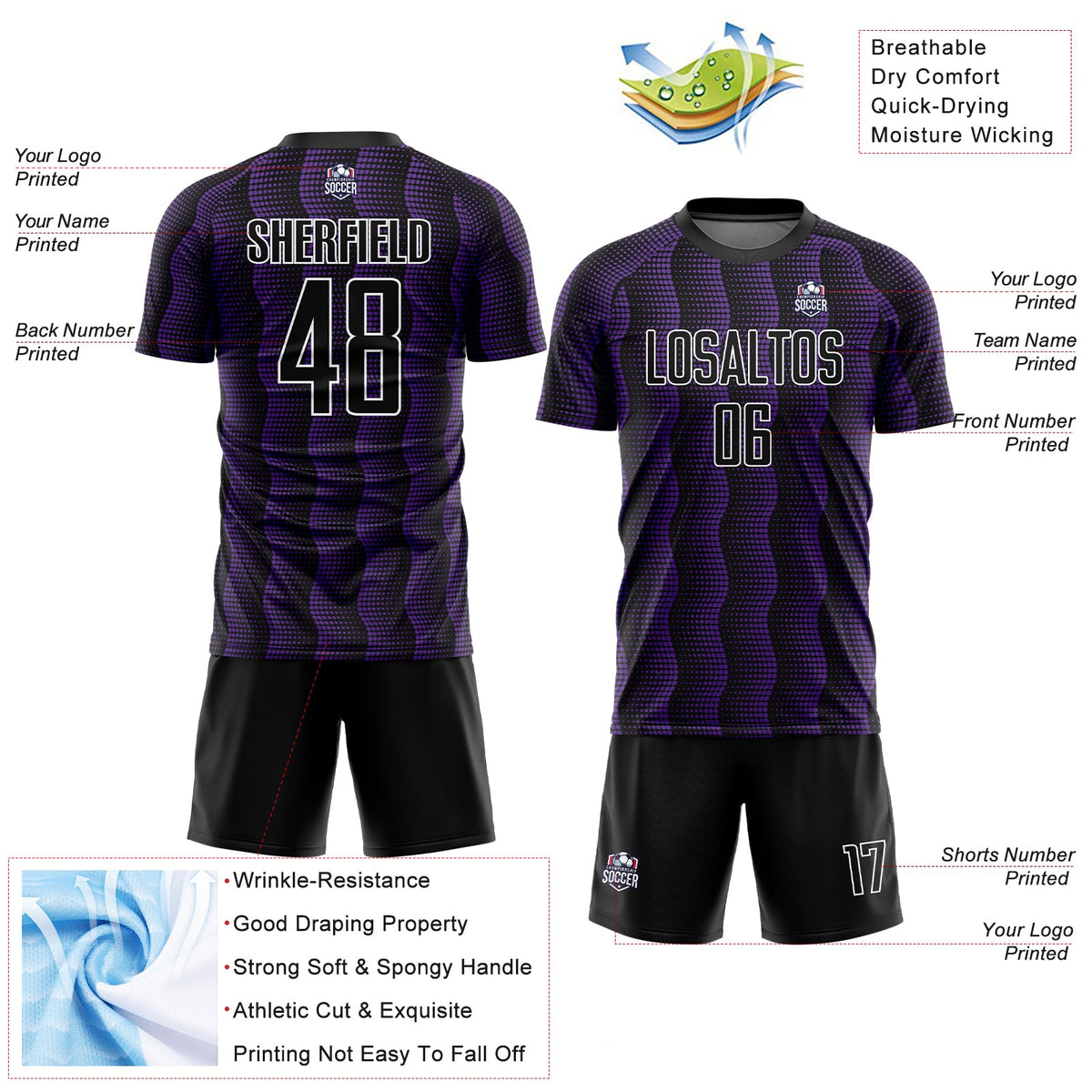Custom Black Purple-White Geometric Shape Sublimation Soccer Uniform Jersey Limited