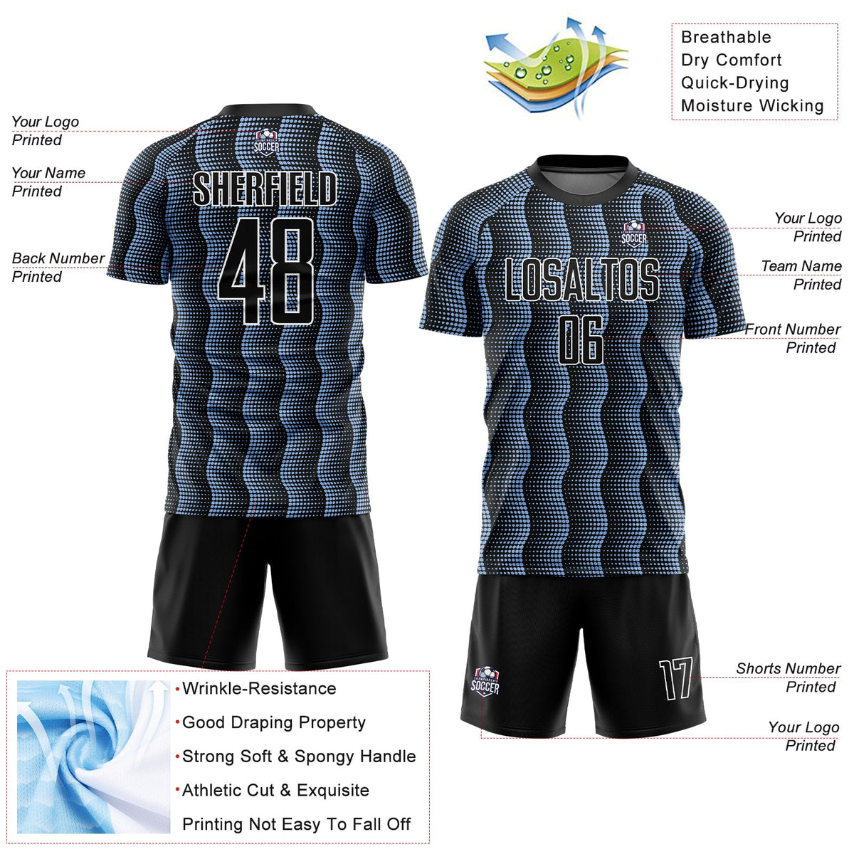 Custom Black Light Blue-White Geometric Shape Sublimation Soccer Uniform Jersey Limited