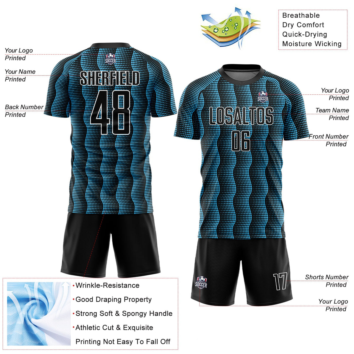 Custom Black Sky Blue-White Geometric Shape Sublimation Soccer Uniform Jersey Limited